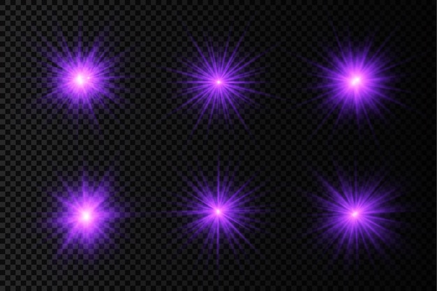 Purple glowing light burst glow bright star violet sun rays light effect flare of sunshine Vector