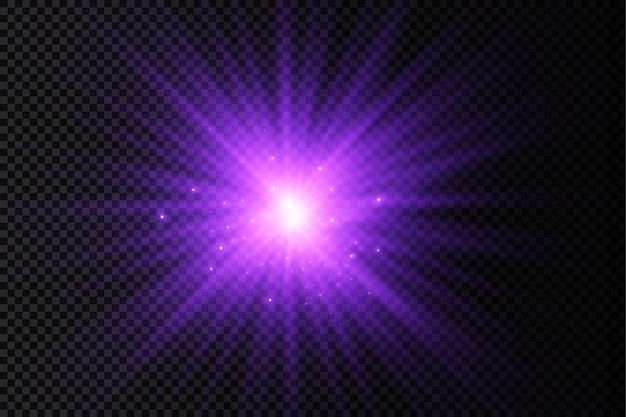 Purple glowing light burst glow bright star violet sun rays light effect flare of sunshine Vector