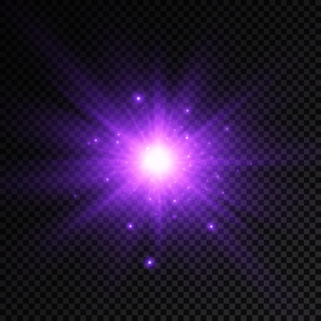 Purple glowing light burst glow bright star violet sun rays light effect flare of sunshine Vector