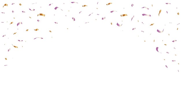 Vector purple and gold confetti with ribbon falling on white background. celebration birthday. vector illus