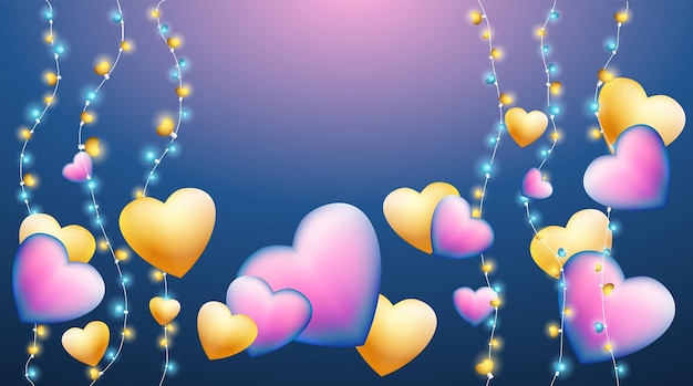 Purple and golden hearts with shiny lights or garlands Template decoration for Valentines day card