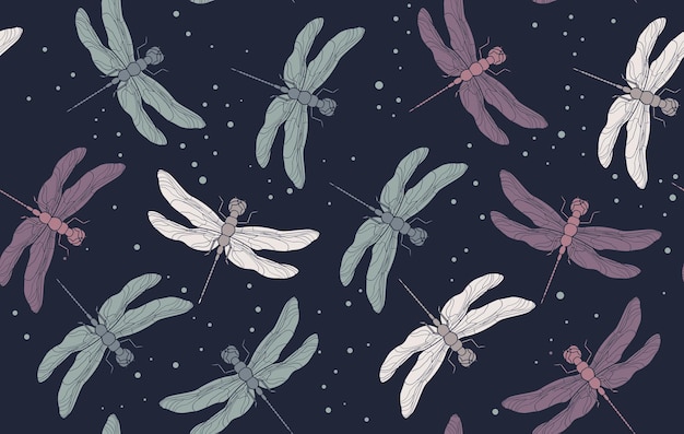 Purple green white blue dragonfly seamless pattern. Vintage retro illustration. Hand drawn vector illustration. Pattern in pastel tones. Pajama pattern design.