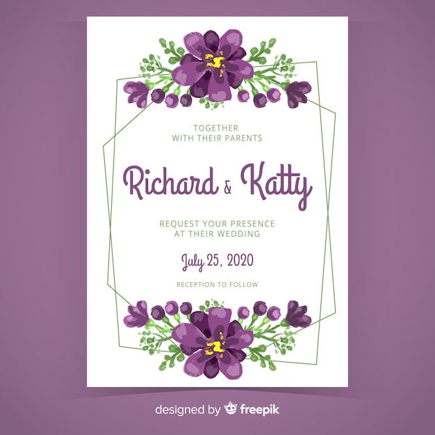 Purple hand painted floral frame wedding invitation