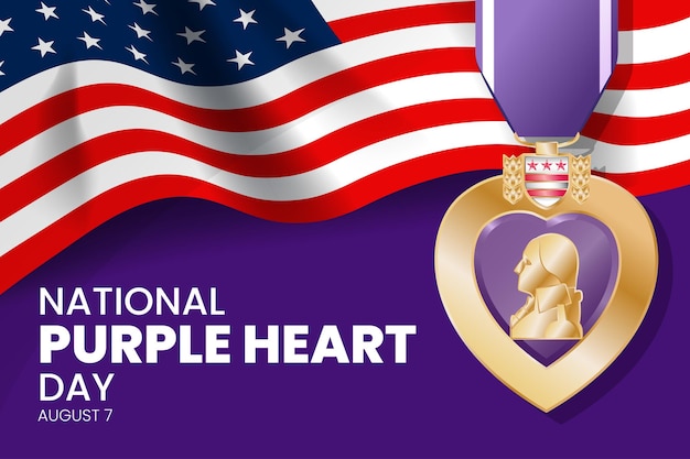 Purple heart day medal with US flag background National Purple Heart Day August 7th