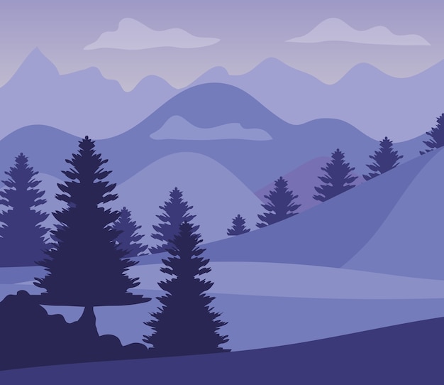 Purple landscape with silhouettes mountains and pine trees.