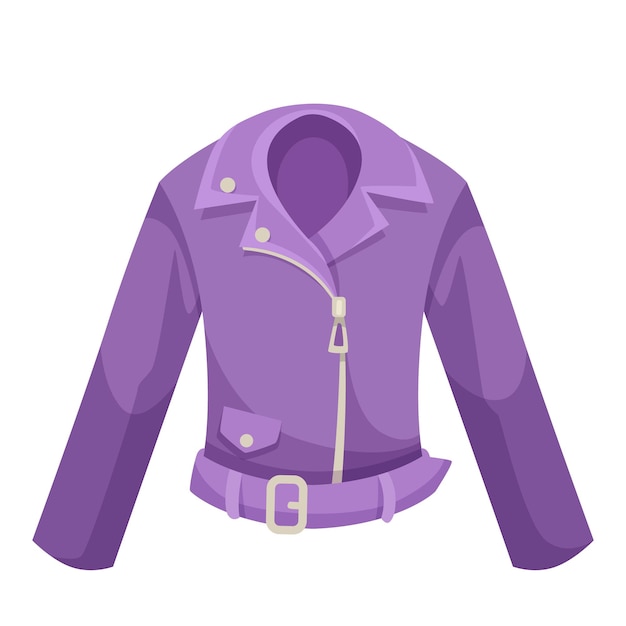 Purple leather jacket illustrated in a flat graphic style on a white background Concept of fashion and apparel Vector illustration