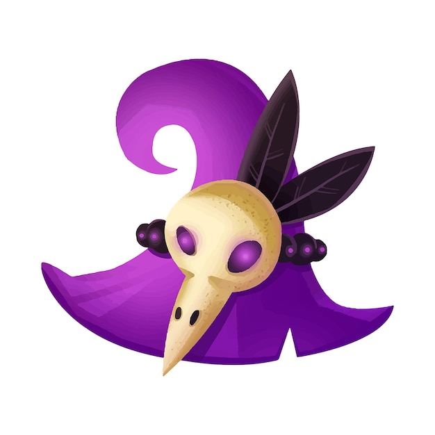 Purple magic hat with bird skull and feather Wizard witch element tool Fantasy world Casual vid