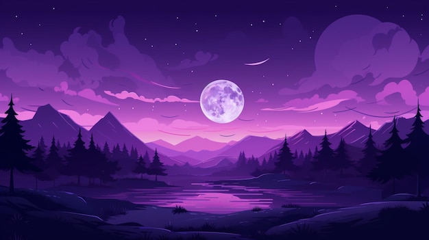 a purple moon over a lake with a purple moon and trees