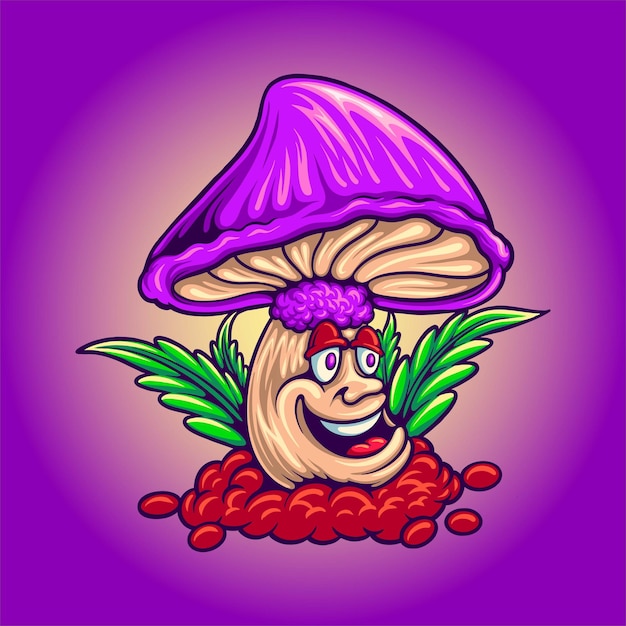 Purple Mushroom character with leaf illustration