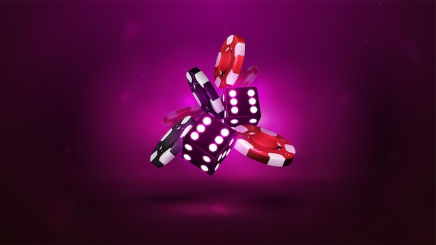 Purple neon 3D dice with red and black realistic gambling stack of casino chips on purple background