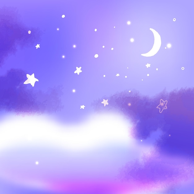 Purple night sky with moon fluffy clouds and lots of stars Dream illustration peaceful fantasy background