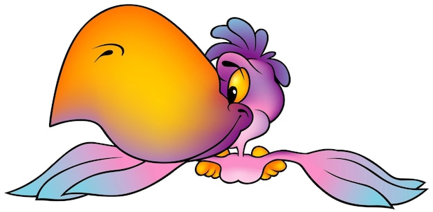 Purple Parrot with Big Orange Beak Flying on the Air as Cartoon Illustration