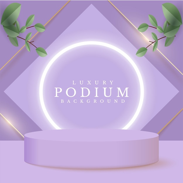 Purple podium display product with golden line and leaf scene Realistic 3d luxury style background