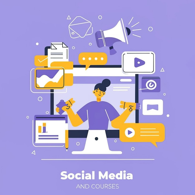 a purple poster with a man in a purple shirt and various social medias