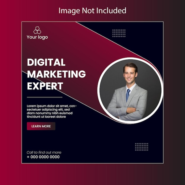 a purple poster with a man in a suit and a logo that says digital marketing