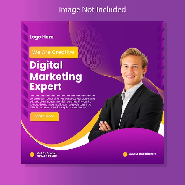 a purple poster with a man in a suit and a logo that says digital marketing