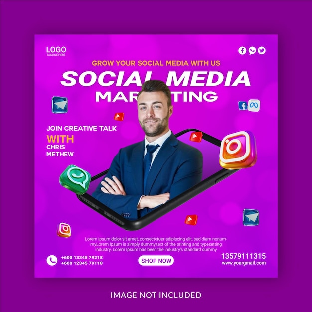 A purple poster with a man in a suit and a phone with the words social media marketing on it.