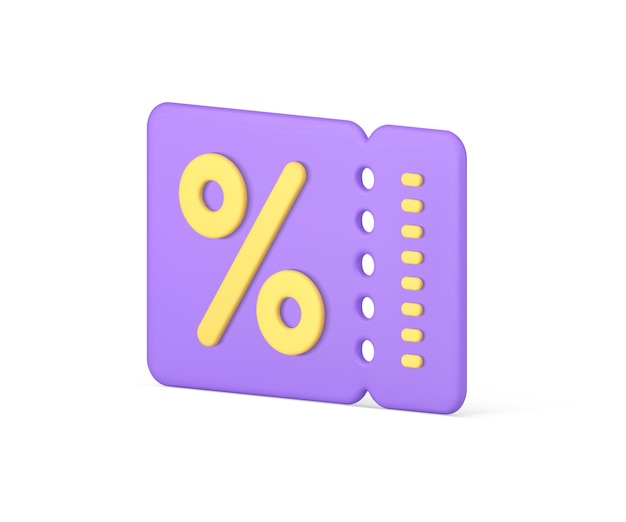 Purple promo coupon commercial business sale discount percentage ticket tag 3d icon realistic vector