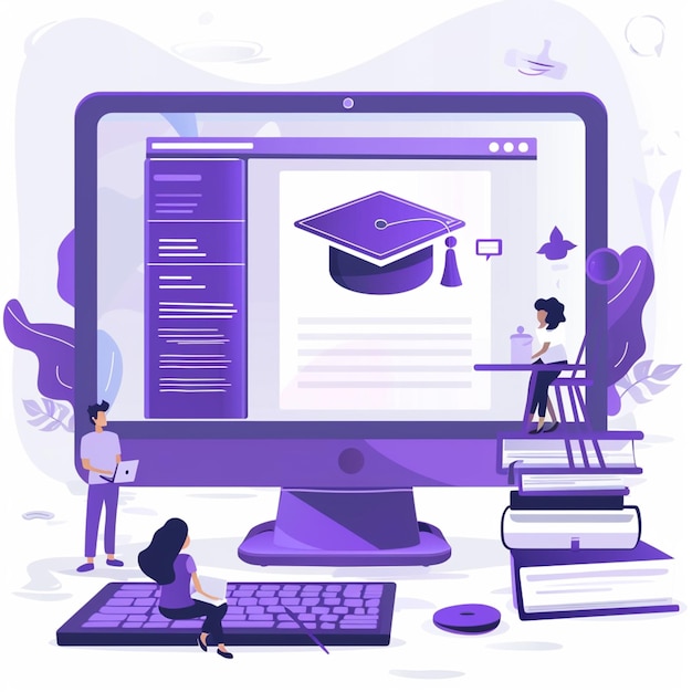 Vector a purple and purple computer screen with a picture of a graduation cap on it