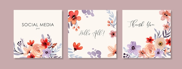 Vector purple and red floral watercolor square templates suitable for social media post or banner