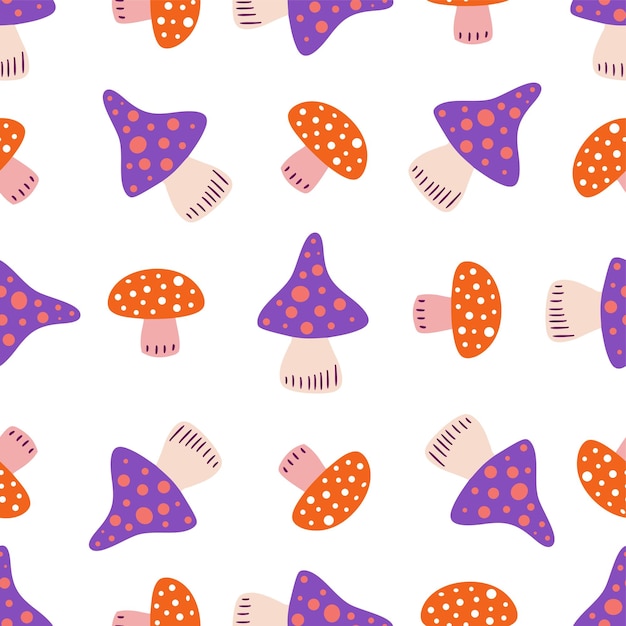 Vector purple and red mushrooms vector seamless pattern fly agaric amanita muscaria poisonous mushrooms