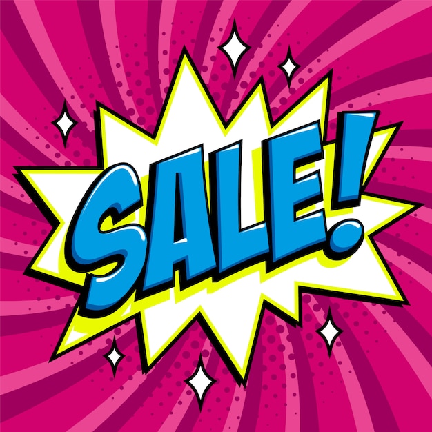 Purple sale web banner. Pop art comic sale discount promotion banner.