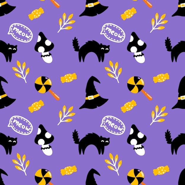 Purple seamless cute pattern for Halloween Festive wallpaper with black cat and witch hat Background for printing on fabric and wrapping paper