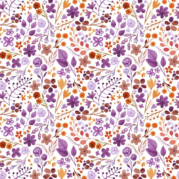 Purple seamless pattern of floral elements Bright vector watercolor