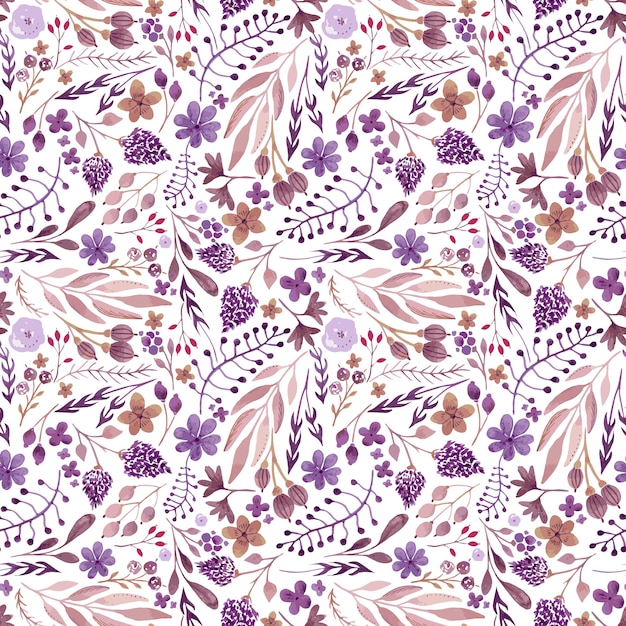 Purple seamless pattern of floral elements Bright watercolor