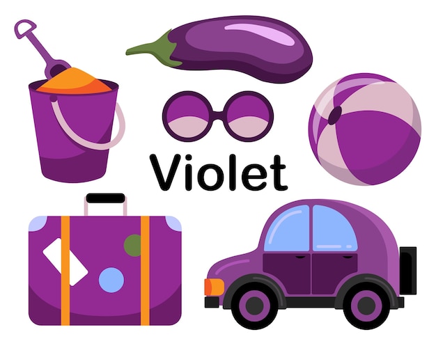 Purple. set of items. The collection includes eggplant, car, ball, beach bucket with a shovel, glasses, suitcase.