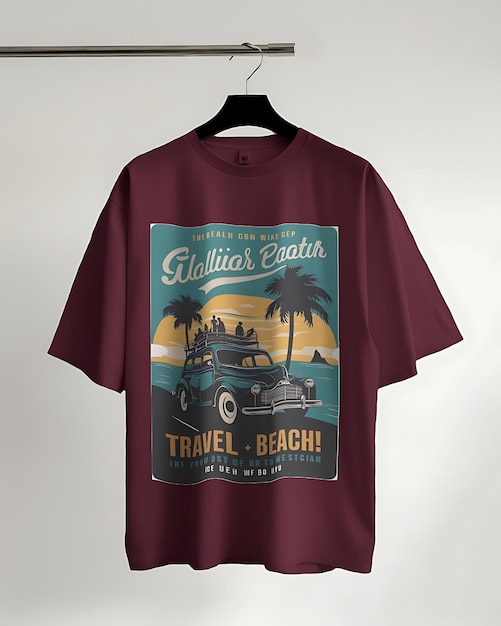 a purple shirt with a picture of a beach on it