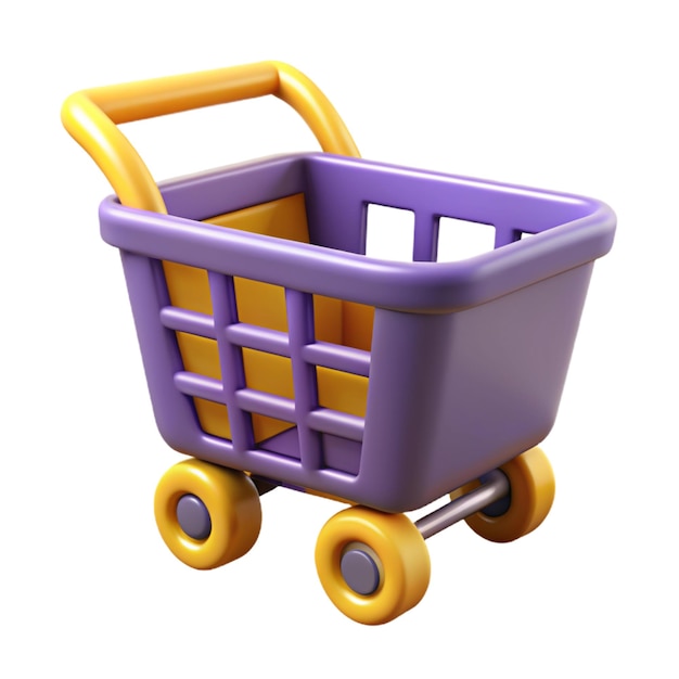 a purple shopping cart with yellow wheels and a purple shopping cart