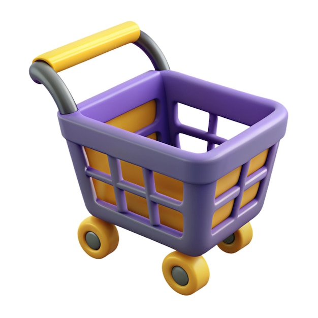 a purple shopping cart with yellow wheels and a purple top