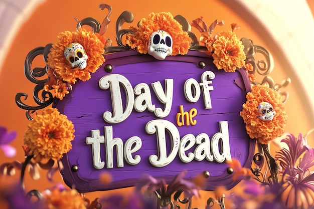 a purple sign that says day of the dead