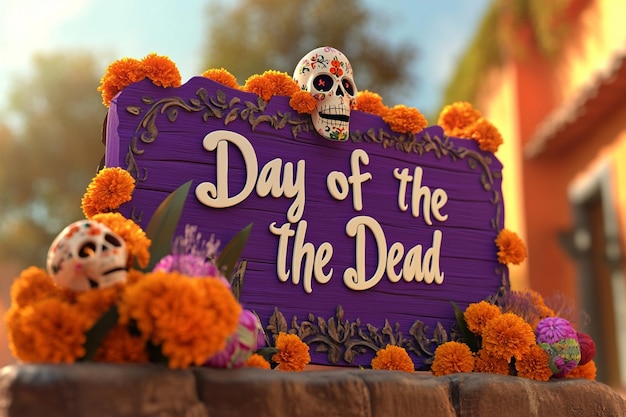 a purple sign that says day of the dead