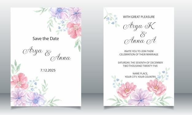 Purple Soft Hand Painted Anemone Watercolor Flower Wedding Template