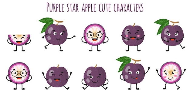 Purple star apple fruit cute funny cheerful characters with different poses and emotions