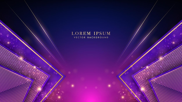 Purple triangle with golden line sparkle glowing effect and bokeh elements on blue background