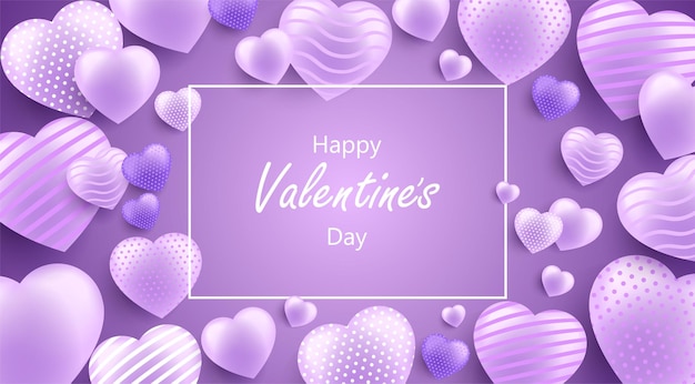 Purple Valentine's Day background with greeting text 3d hearts on a bright background