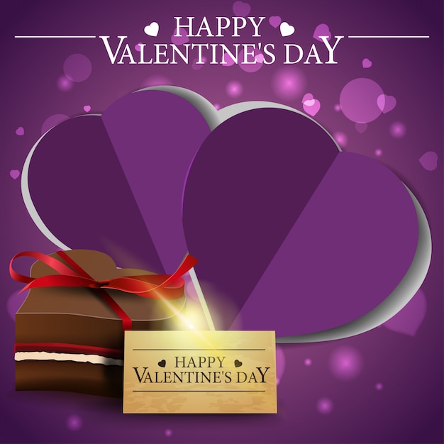 Purple Valentine's Day greeting card with chocolate candy