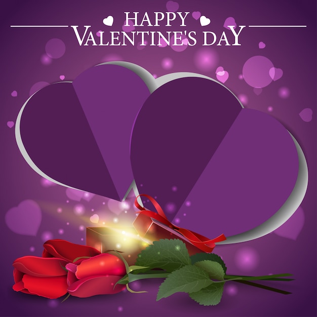 Purple Valentine's Day greeting card with gift and flowers