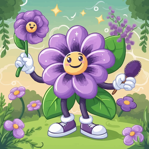 Vector purple violet flower character showing happy emotions dancing in the garden