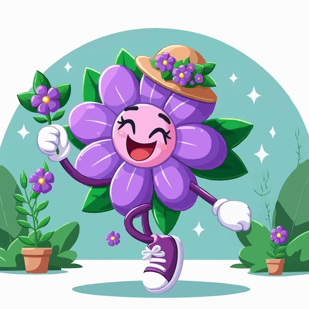 Vector purple violet flower character showing happy emotions dancing in the garden