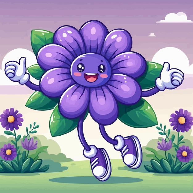 Vector purple violet flower character showing happy emotions dancing in the garden