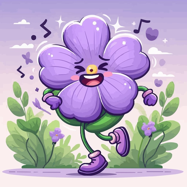 Vector purple violet flower character showing happy emotions dancing in the garden