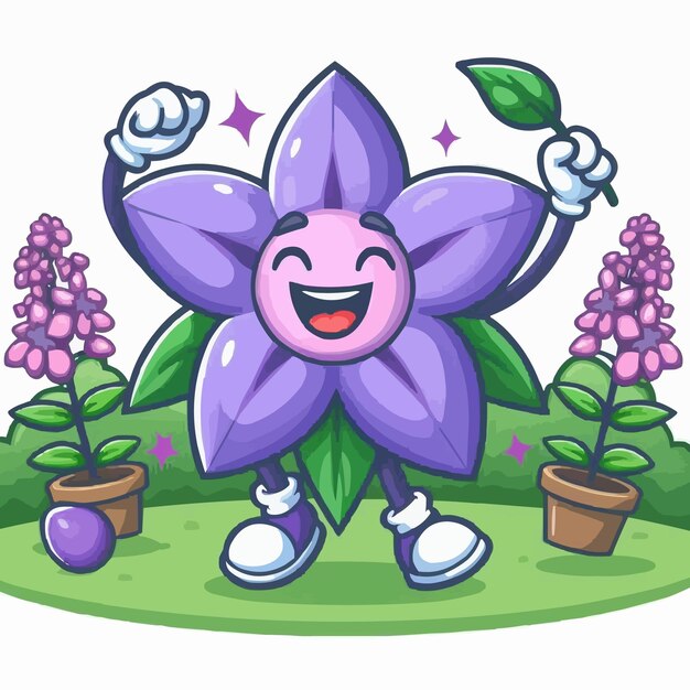 Vector purple violet flower character showing happy emotions dancing in the garden