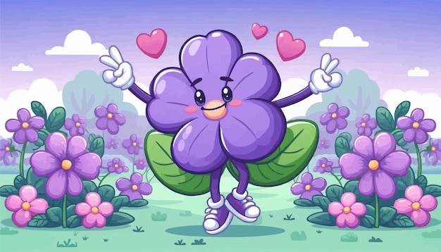 Vector purple violet flower character showing happy emotions dancing in the garden