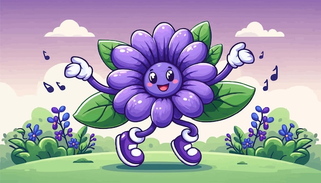 Vector purple violet flower character showing happy emotions dancing in the garden