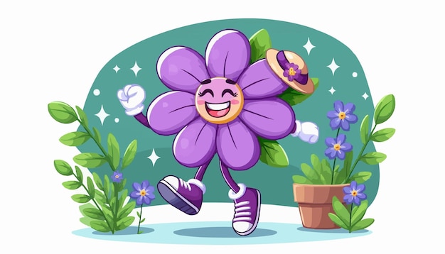 Vector purple violet flower character showing happy emotions dancing in the garden