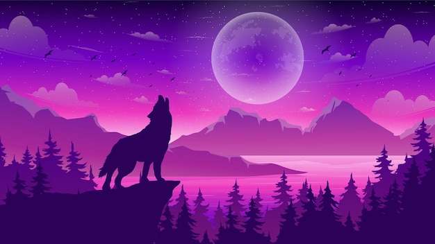 Purple wallpaper with a wolf howling at the moon vector illustration